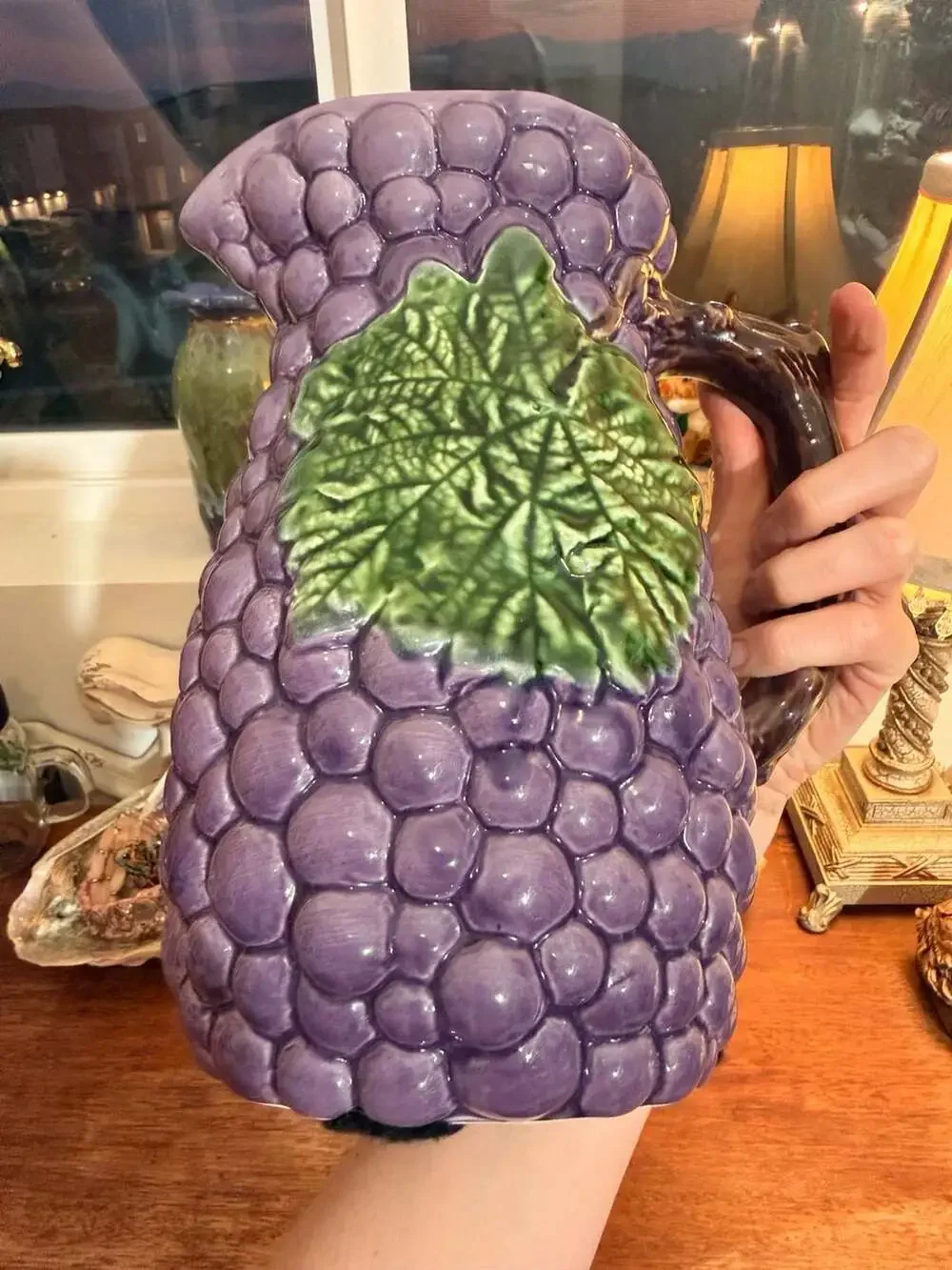 Jay Willfred Purple Grape and Green Leaf Majolica Ceramic Pitcher Jug